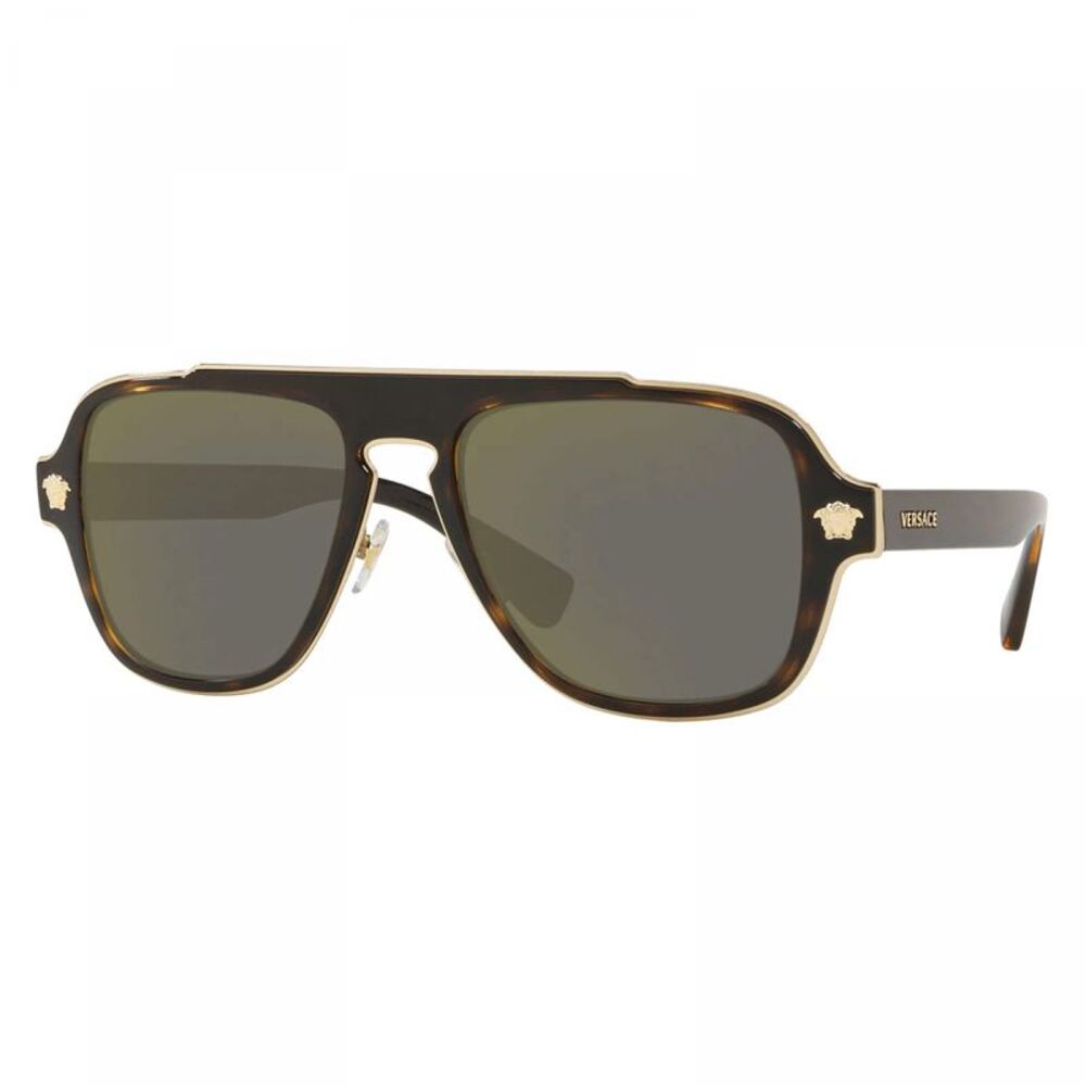 Versace Sunglasses Aviator Full Rim, Havana Frame and Dark Grey Mirrored Gold